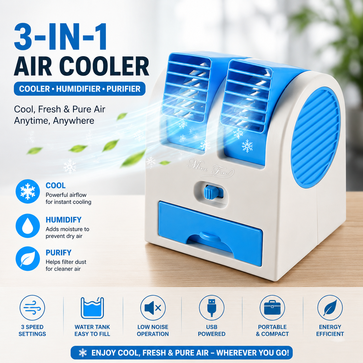 Portable 3-in-1 Mini Air Cooler | Personal Air Conditioner, Humidifier & Air Purifier | USB Powered Desktop Cooling Fan