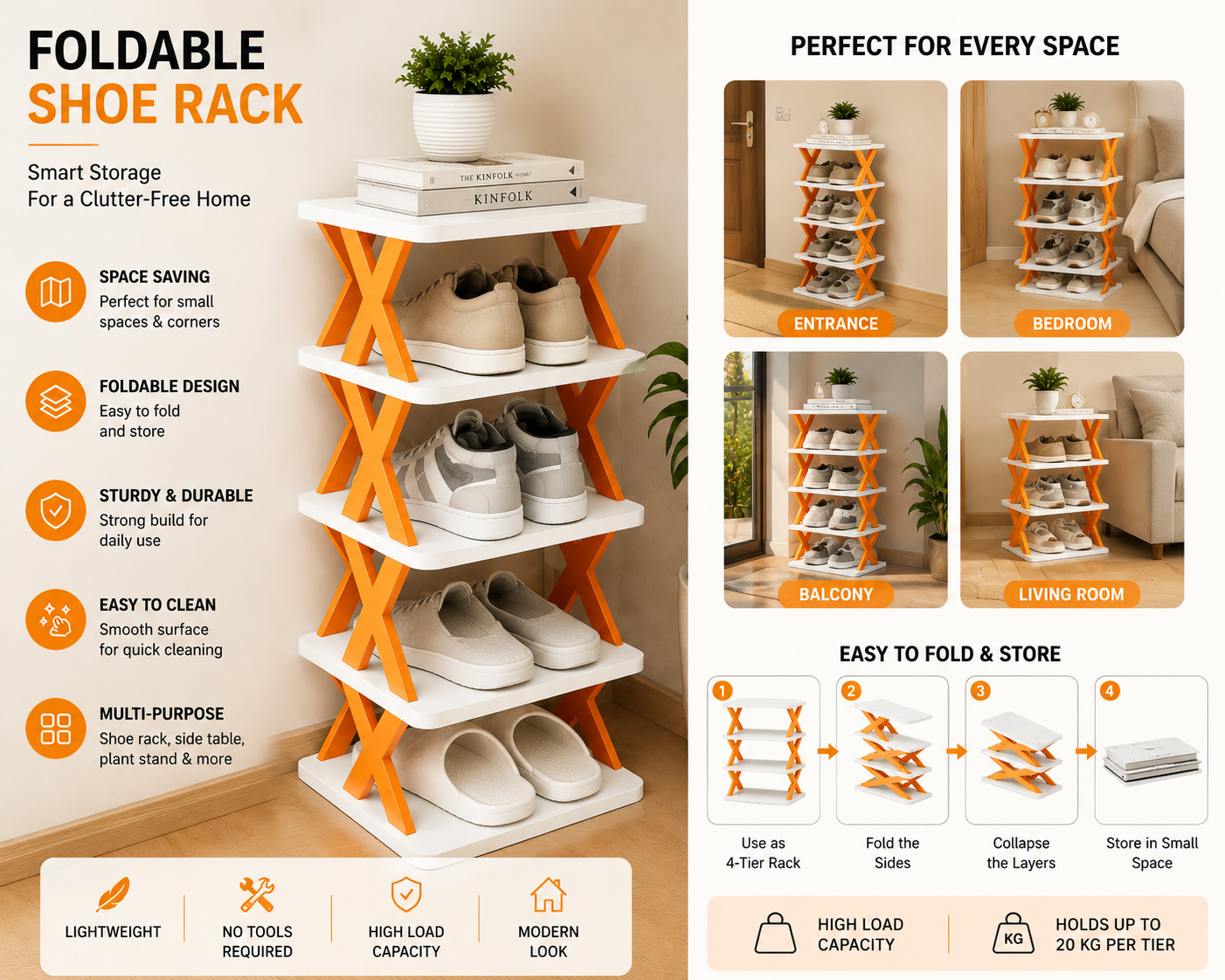 Foldable 4-Tier Shoe Rack β Space-Saving Storage Organizer