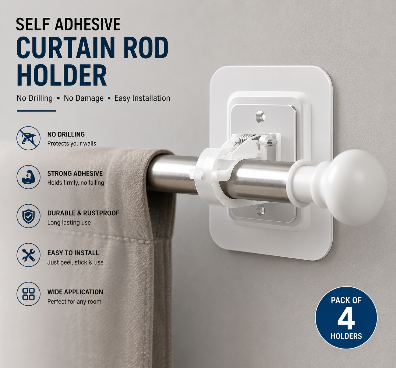 Self-Adhesive Curtain Rod Holder – No Drill Wall Mount (Pack of 4)