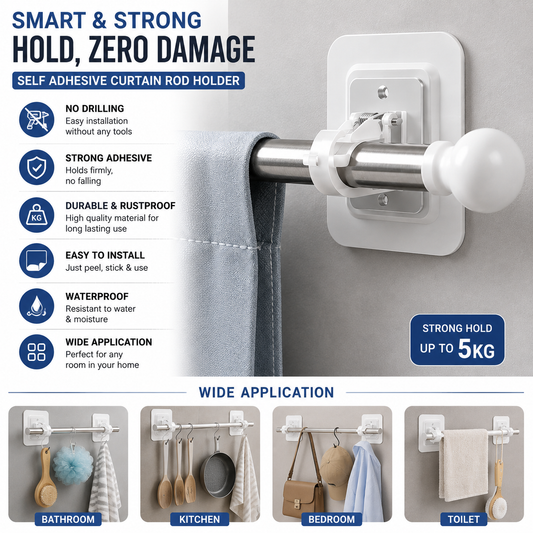 Self-Adhesive Curtain Rod Holder – No Drill Wall Mount (Pack of 4)