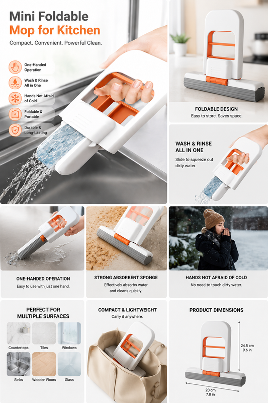 Mini Foldable Self-Squeeze Sponge Mop – One-Handed Portable Cleaning Tool for Kitchen, Bathroom, Glass & Countertops