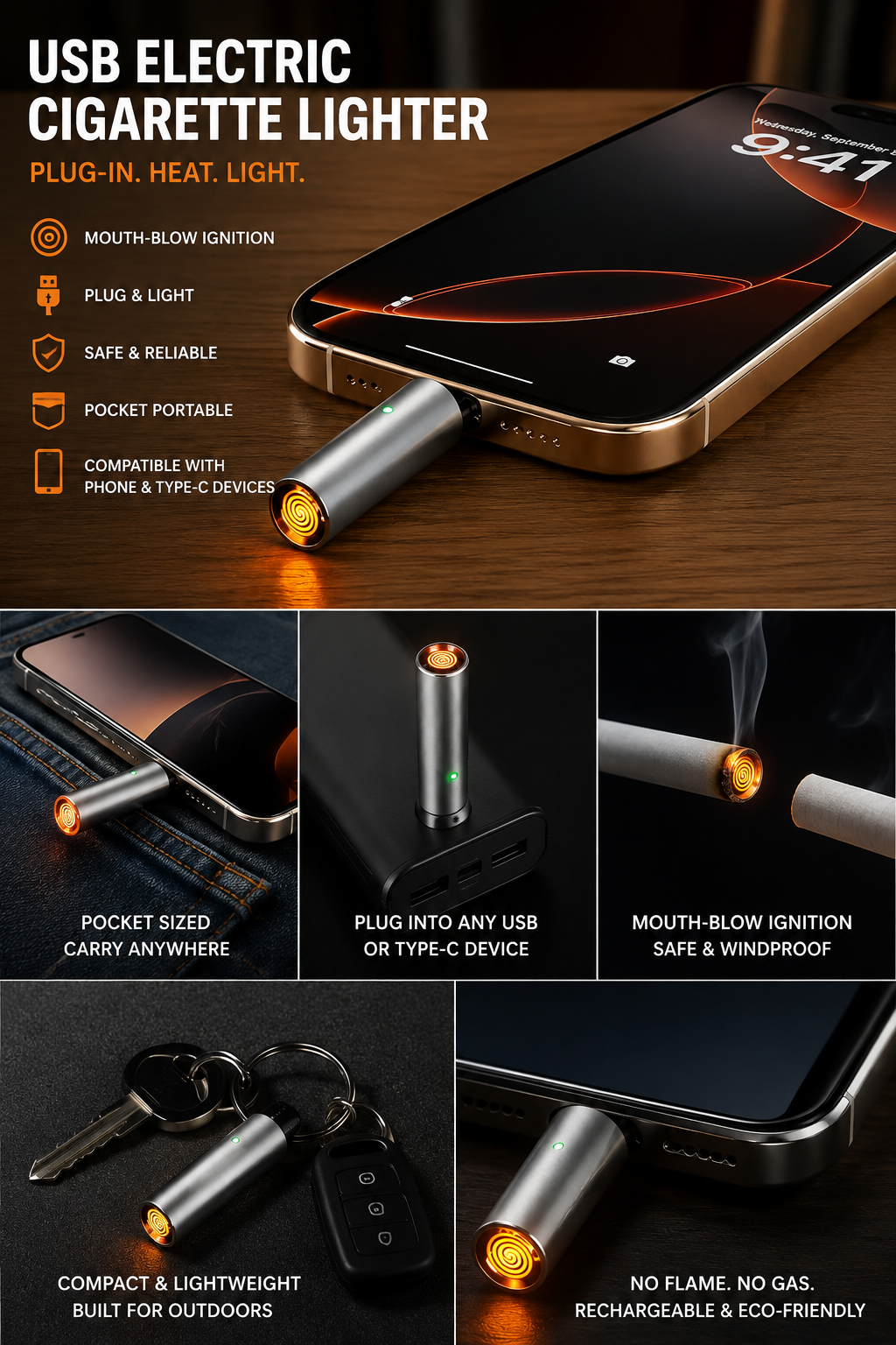 Electric Cigarette Lighter - Plug-in USB Pocket Portable Outdoor Mouth-Blow