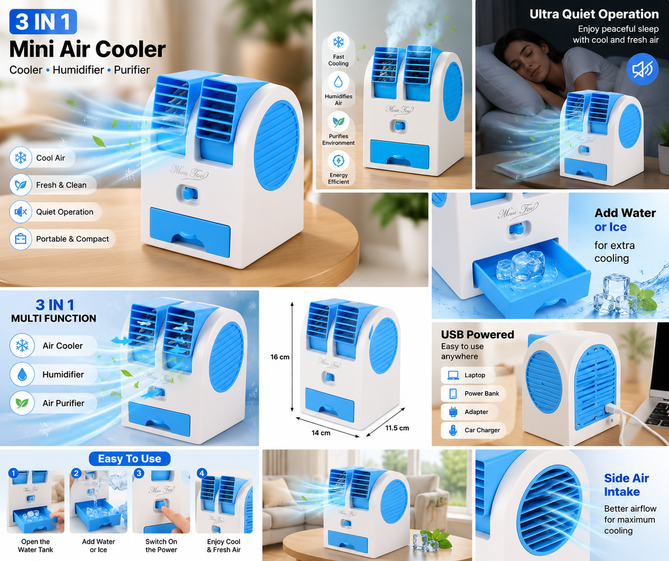 Portable 3-in-1 Mini Air Cooler | Personal Air Conditioner, Humidifier & Air Purifier | USB Powered Desktop Cooling Fan