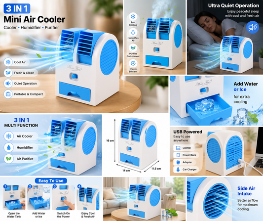 Portable 3-in-1 Mini Air Cooler | Personal Air Conditioner, Humidifier & Air Purifier | USB Powered Desktop Cooling Fan