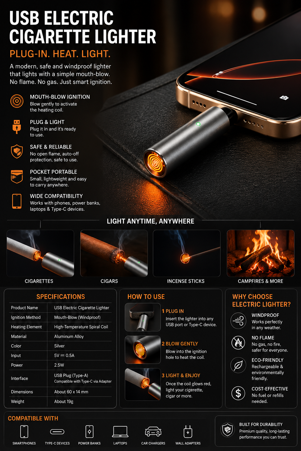 Electric Cigarette Lighter - Plug-in USB Pocket Portable Outdoor Mouth-Blow