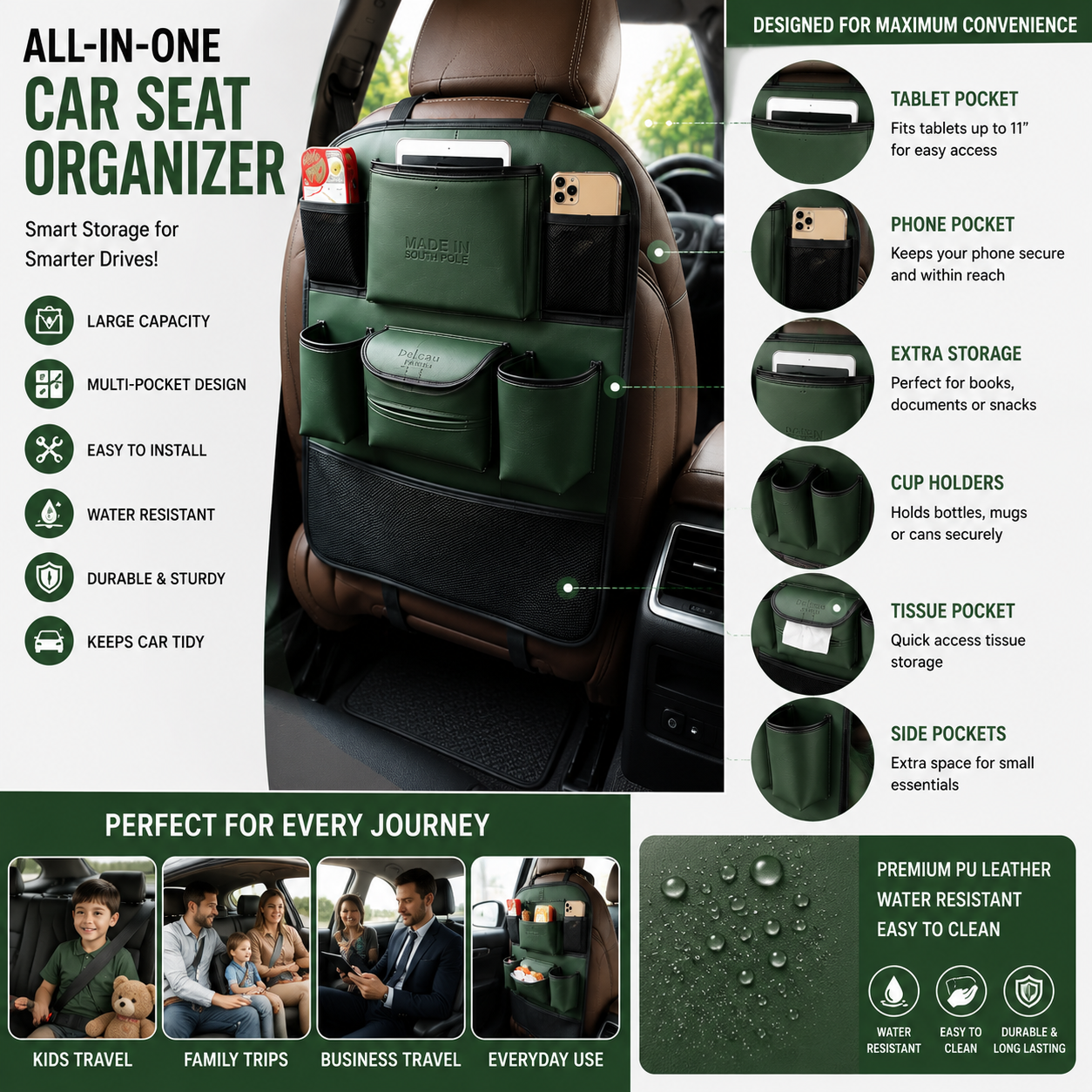 Premium Car Seat Back Organizer – Multi-Pocket PU Leather Storage Bag for Tablet, Phone, Bottles & Essentials | Universal Car Backseat Organizer