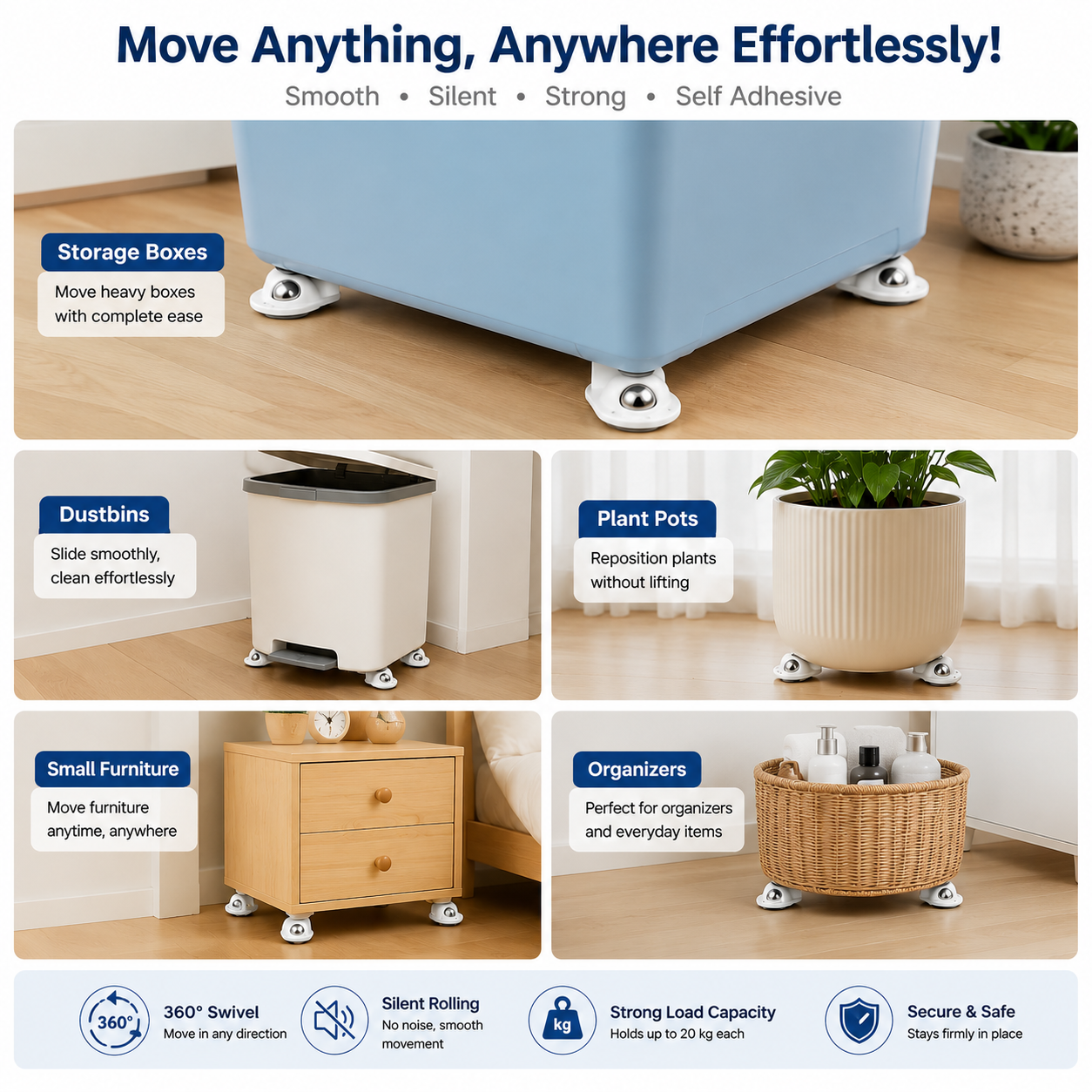 Self Adhesive Mini Swivel Caster Wheels (4 PCS) – 360° Rotating Universal Roller Wheels for Storage Boxes, Furniture, Dustbins & Plant Pots